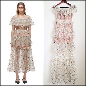 NWOT Self-Portrait Off-the-shoulder Star Embellished Mesh Maxi Nude Beige Dress